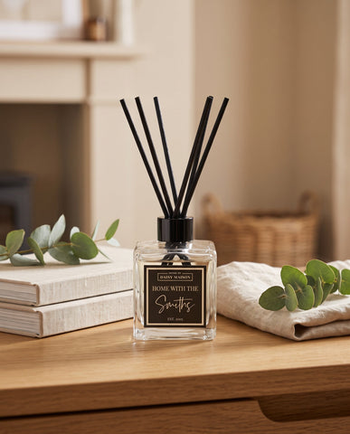 Personalised family reed diffuser styled on a hallway shelf