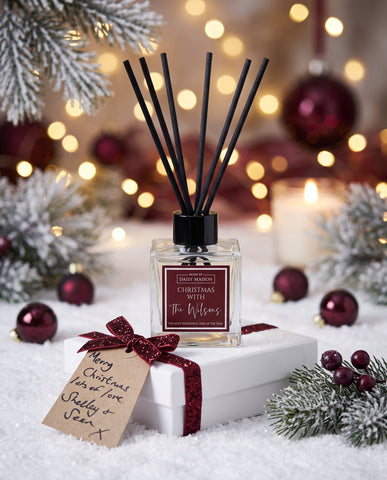 Christmas With The family personalised reed diffuser with baubles and fairy lights
