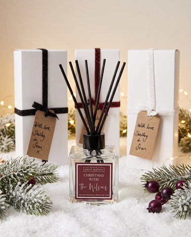 Personalised Christmas reed diffuser with gift boxes and ribbon