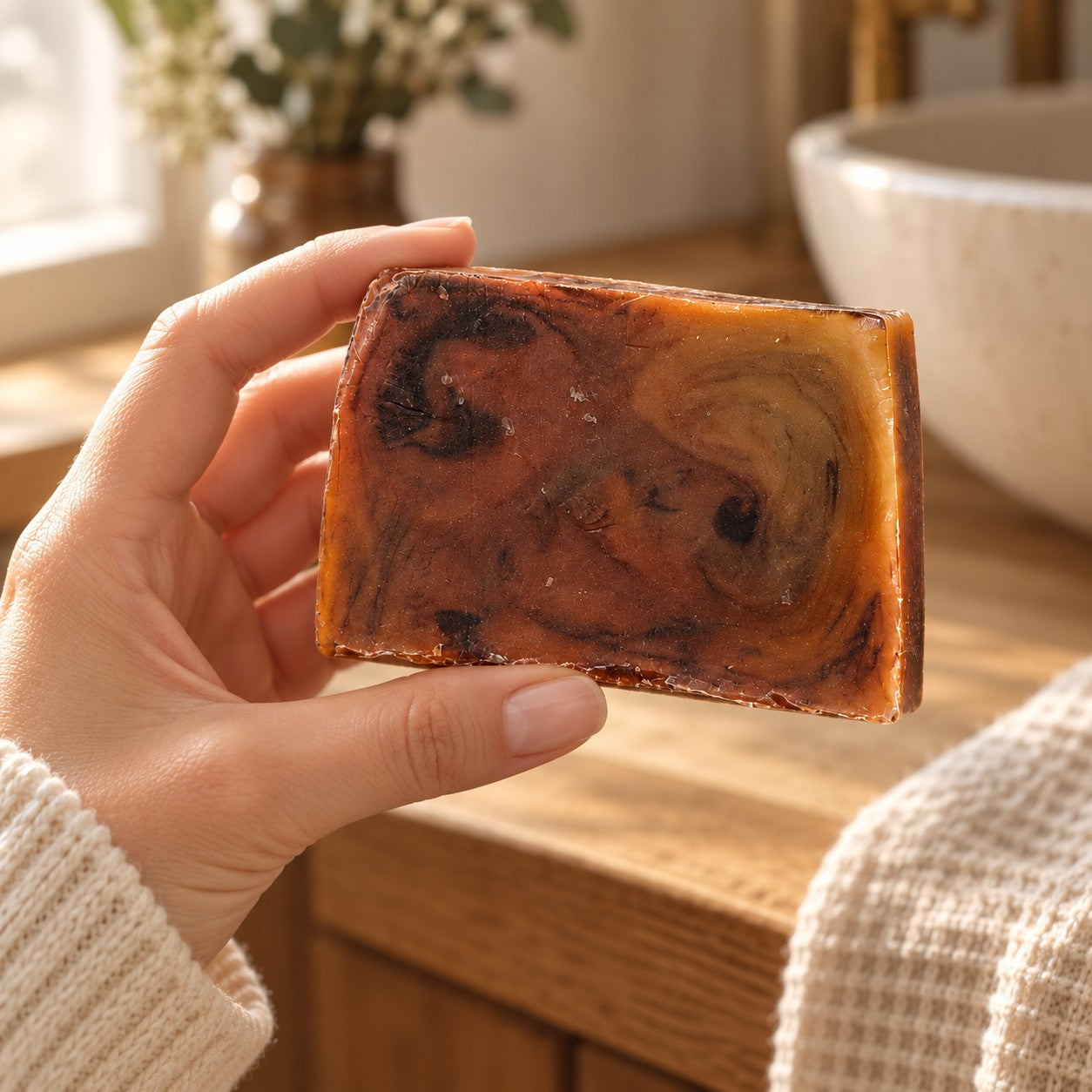 Emerald Truffle soap slice held in a hand by a bathroom basin