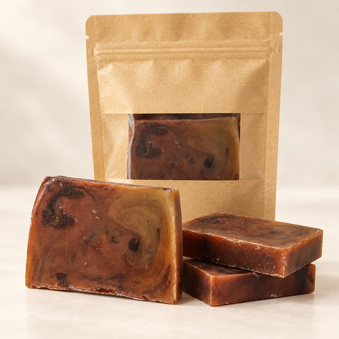 Emerald Truffle soap slices in amber and brown swirls with a kraft window pouch