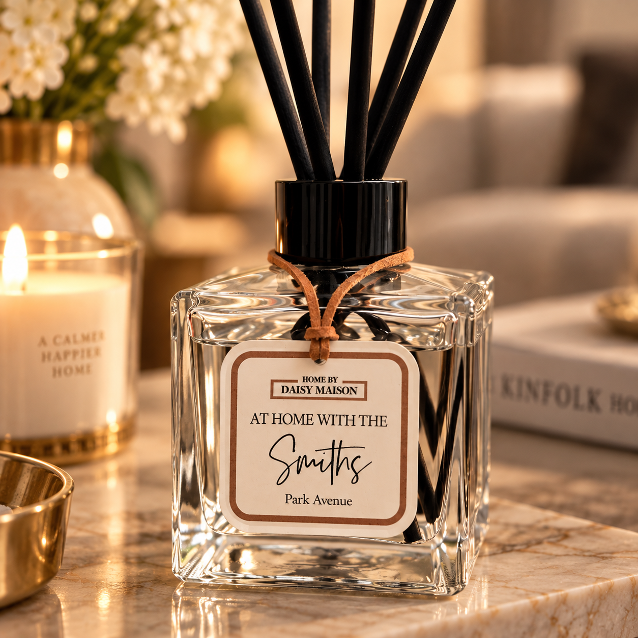 Personalised At Home With The Smiths reed diffuser in a warm luxury home setting