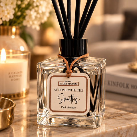Personalised At Home With The Smiths reed diffuser in a warm luxury home setting