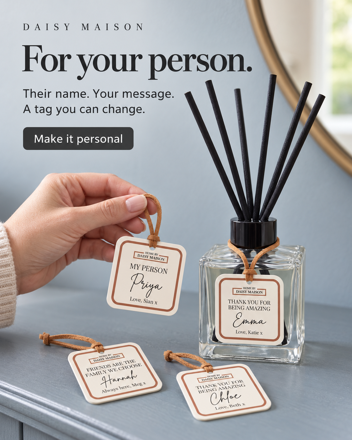 Personalised friendship reed diffuser with an alternative tag held beside it and Emma, Priya, Hannah and Chloe designs