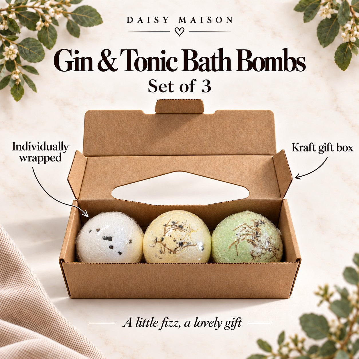 Gin & tonic bath bombs, set of 3, individually wrapped in an open kraft gift box
