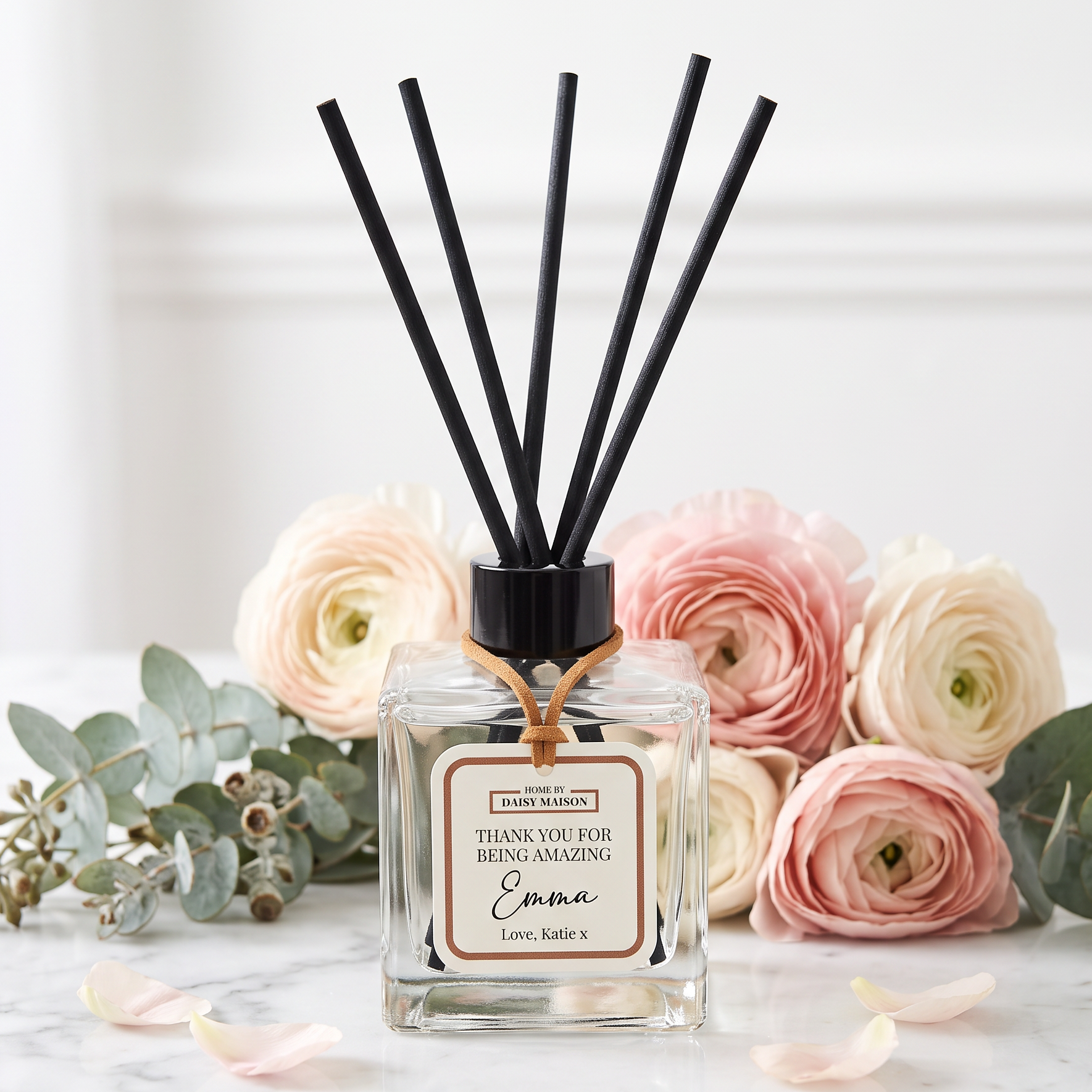 Personalised friendship reed diffuser hero on white marble with blush ranunculus, Thank You For Being Amazing, Emma