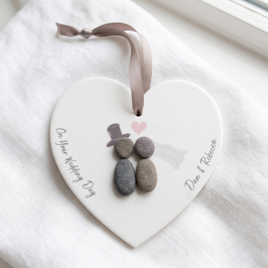 Personalised Wedding Pebble People Hanging Heart Gift