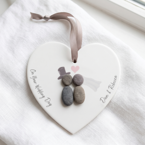Personalised Wedding Pebble People Hanging Heart Gift
