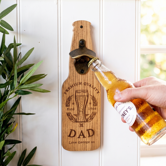 Dad/Grandpa 'Premium Quality' Personalised, Oak Veneer Bottle Opener Gift