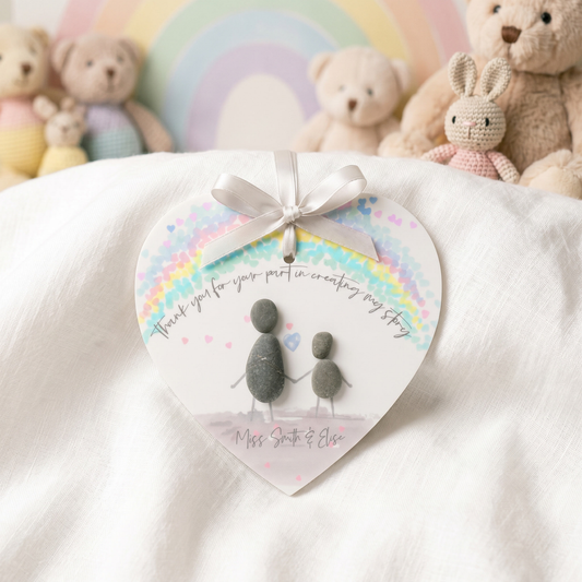 Personalised Rainbow Teacher Pebble People Hanging Heart Gift