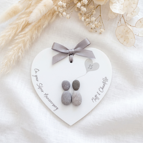 Personalised Silver Wedding Anniversary Pebble People Hanging Heart Gift