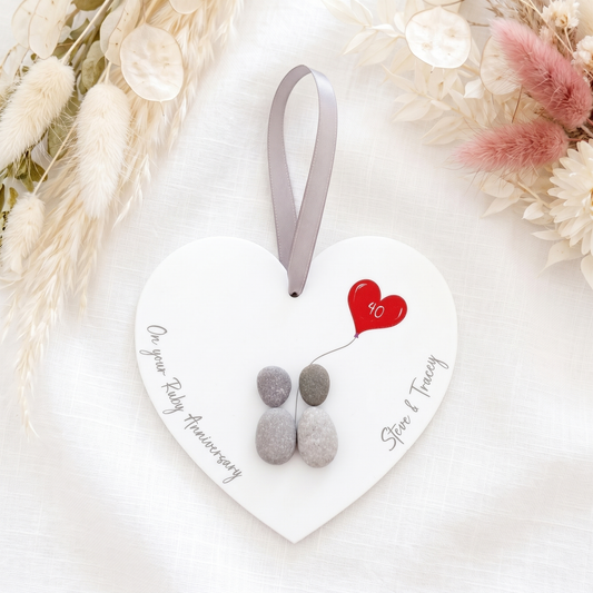 Personalised Ruby Wedding Anniversary Pebble People Hanging Heart Gift
