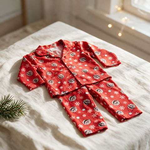 Red elf-print pyjamas for a 12 inch soft-bodied elf, laid flat on cream linen