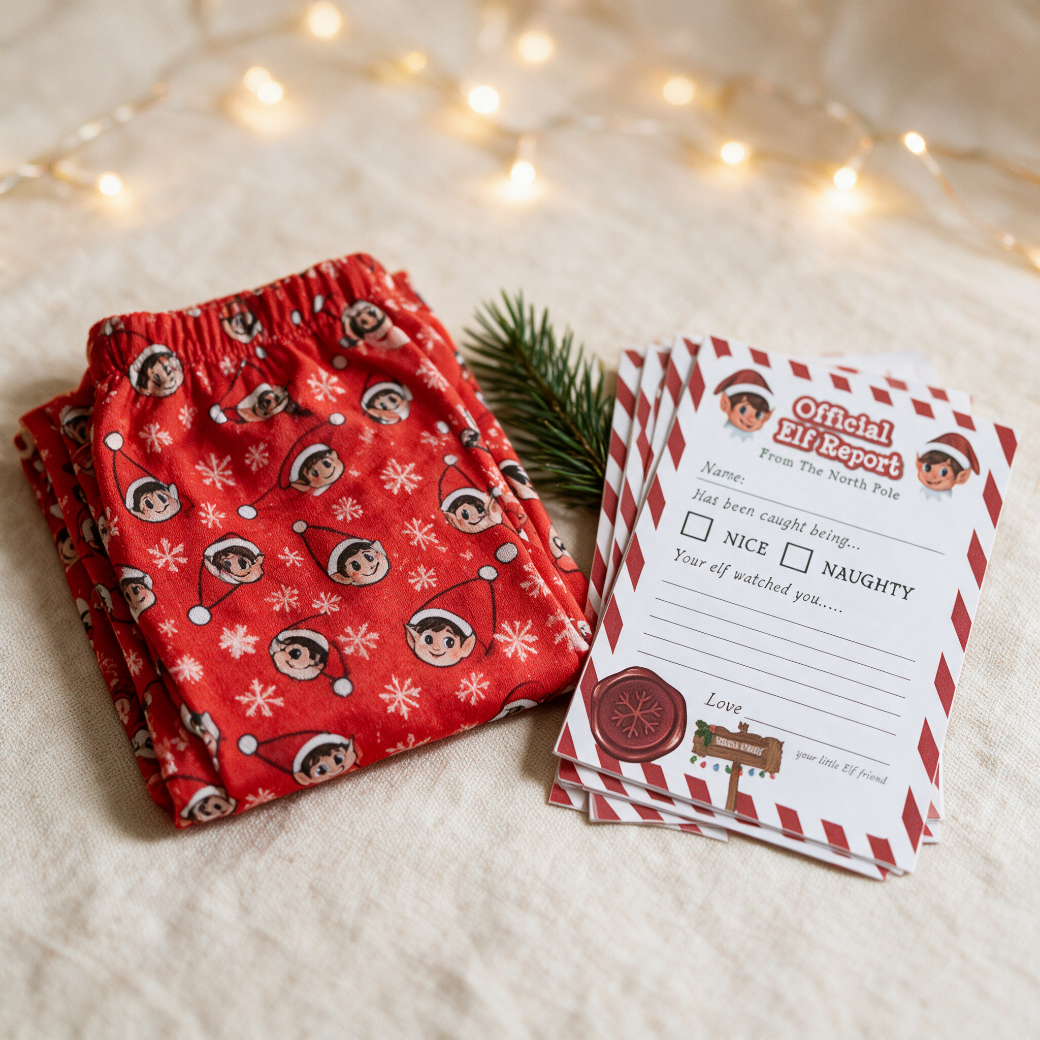 The Elf Night Shift Set: folded red elf-print pyjamas beside a fanned stack of Official Elf Report sheets on cream linen