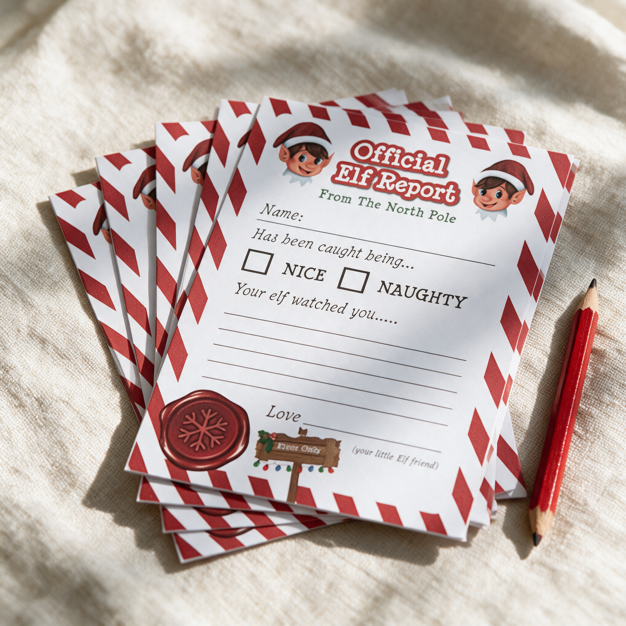 Fanned stack of Official Elf Report sheets with candy-stripe border, nice and naughty checkboxes and wax seal, red pencil beside