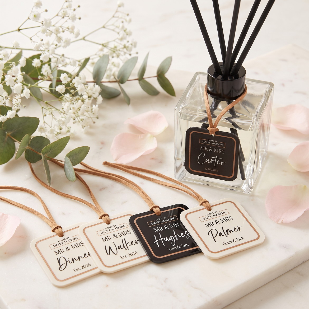 Personalised Mr & Mrs reed diffuser with a range of black and white wedding tags, Mr & Mrs, Mr & Mr and surname personalisation