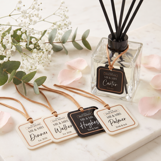 Personalised Mr & Mrs reed diffuser with a range of black and white wedding tags, Mr & Mrs, Mr & Mr and surname personalisation