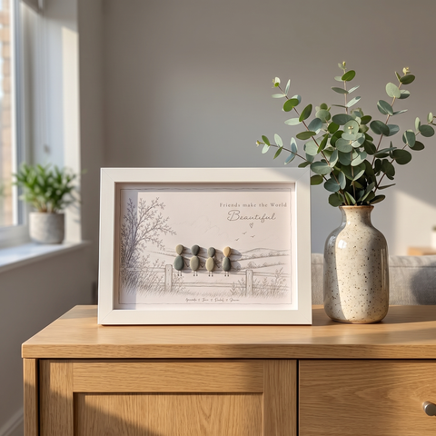 ‘Friends make the World Beautiful’ pebble picture on a sideboard beside eucalyptus in a ceramic vase