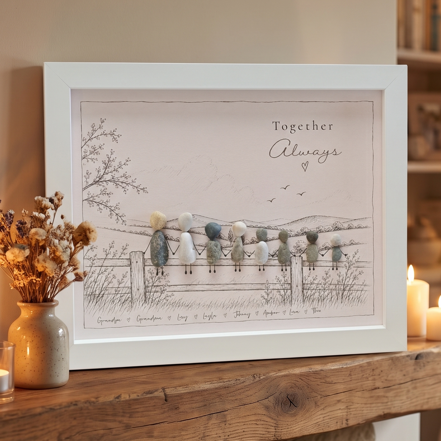 ‘Together Always’ pebble picture on a mantelpiece with candles and dried flowers