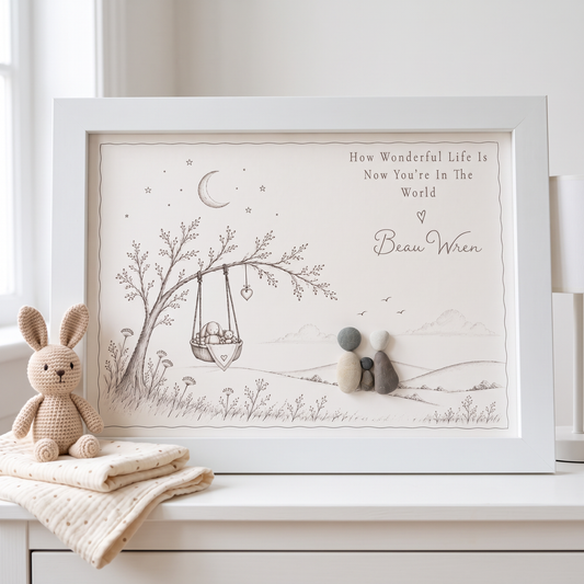 Personalised new baby pebble picture on a nursery dresser