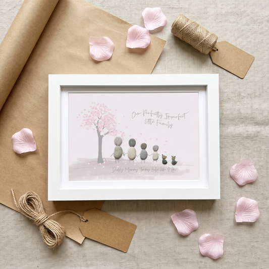 Family Blossom Tree pebble picture flat lay with petals