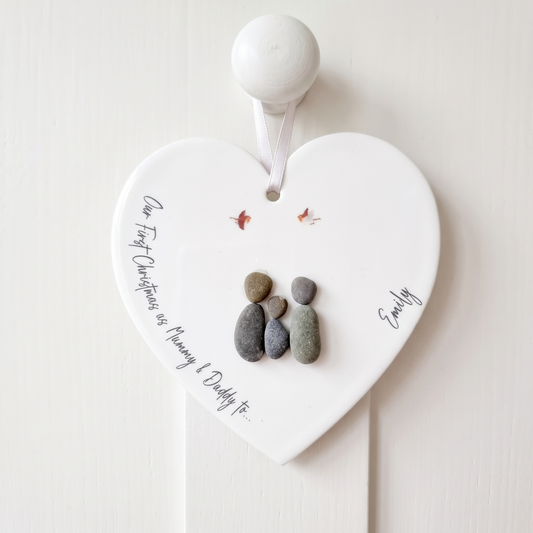 First Christmas as Mummy & Daddy pebble heart hanging from a knob