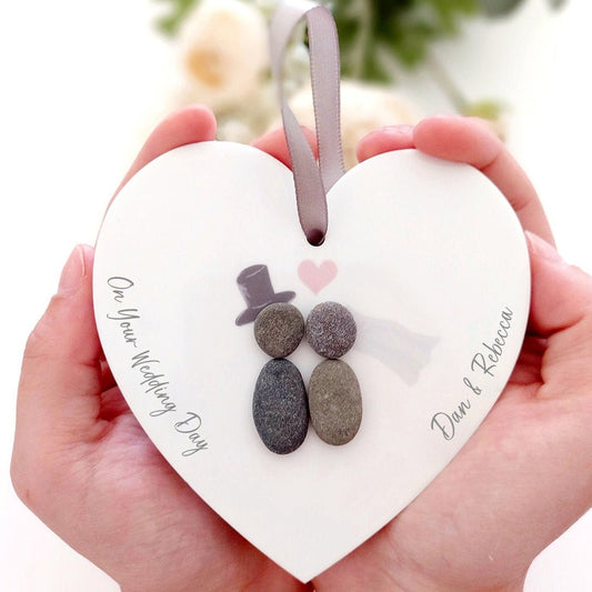 Personalised Wedding Pebble People Hanging Heart Gift