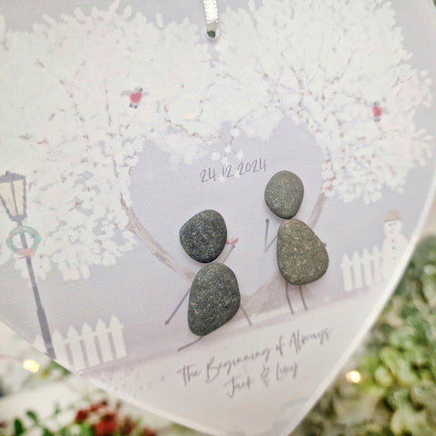 Personalised 'Love at Christmas' Engagement/Proposal Christmas Pebble Heart Hanging Decoration