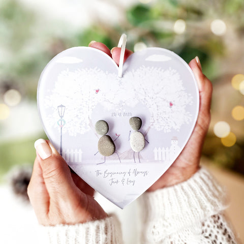 Personalised 'Love at Christmas' Engagement/Proposal Christmas Pebble Heart Hanging Decoration