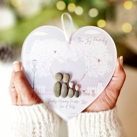 Personalised 'Love at Christmas' Christmas Family Pebble Heart Hanging Decoration