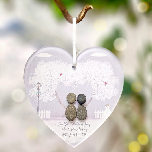 Personalised 'Love at Christmas' Christmas Wedding Pebble Heart Hanging Decoration