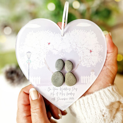 Personalised 'Love at Christmas' Christmas Wedding Pebble Heart Hanging Decoration