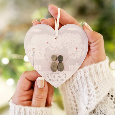 Personalised 'Love at Christmas' Christmas Wedding Pebble Heart Hanging Decoration