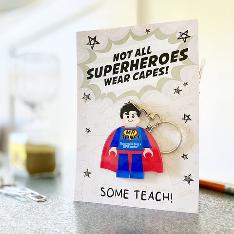 Personalised Teacher/Teaching Assistant 'Superhero' Minifigure Keyring Gift