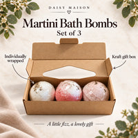 Martini bath bombs, set of 3, individually wrapped in an open kraft gift box