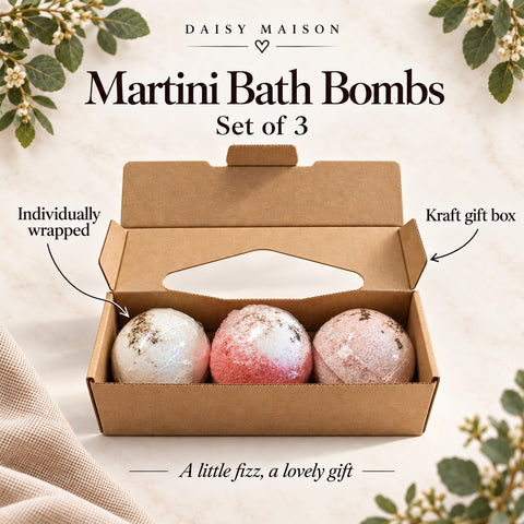 Martini bath bombs, set of 3, individually wrapped in an open kraft gift box