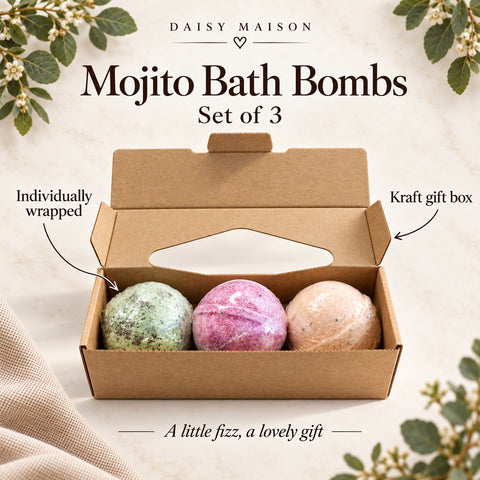 Mojito bath bombs, set of 3, individually wrapped in an open kraft gift box