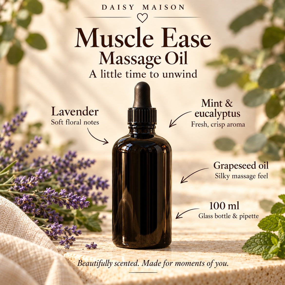 Muscle Ease massage oil in a 100ml black glass bottle with a pipette, with lavender, mint and eucalyptus