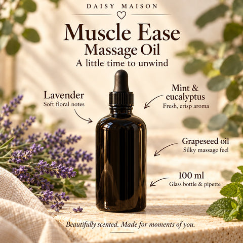 Muscle Ease massage oil in a 100ml black glass bottle with a pipette, with lavender, mint and eucalyptus