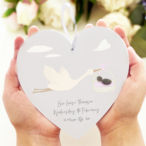 Personalised 'New Baby Stork' Pebble Hanging Heart Gift