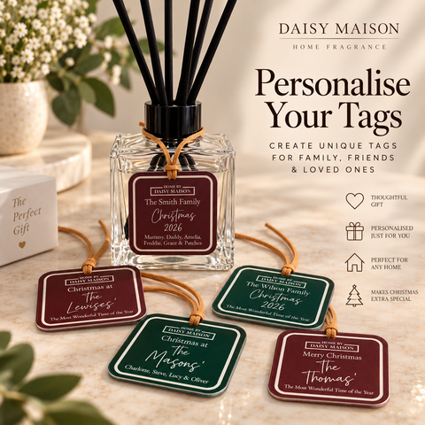 Personalised Christmas reed diffuser showing a range of custom family tags