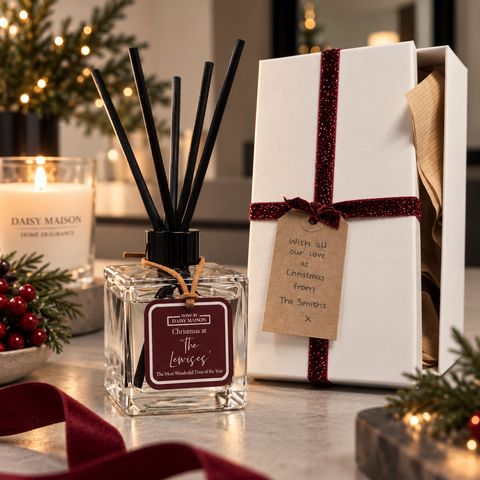 Personalised Christmas reed diffuser with burgundy tag and gift box in a modern festive home setting
