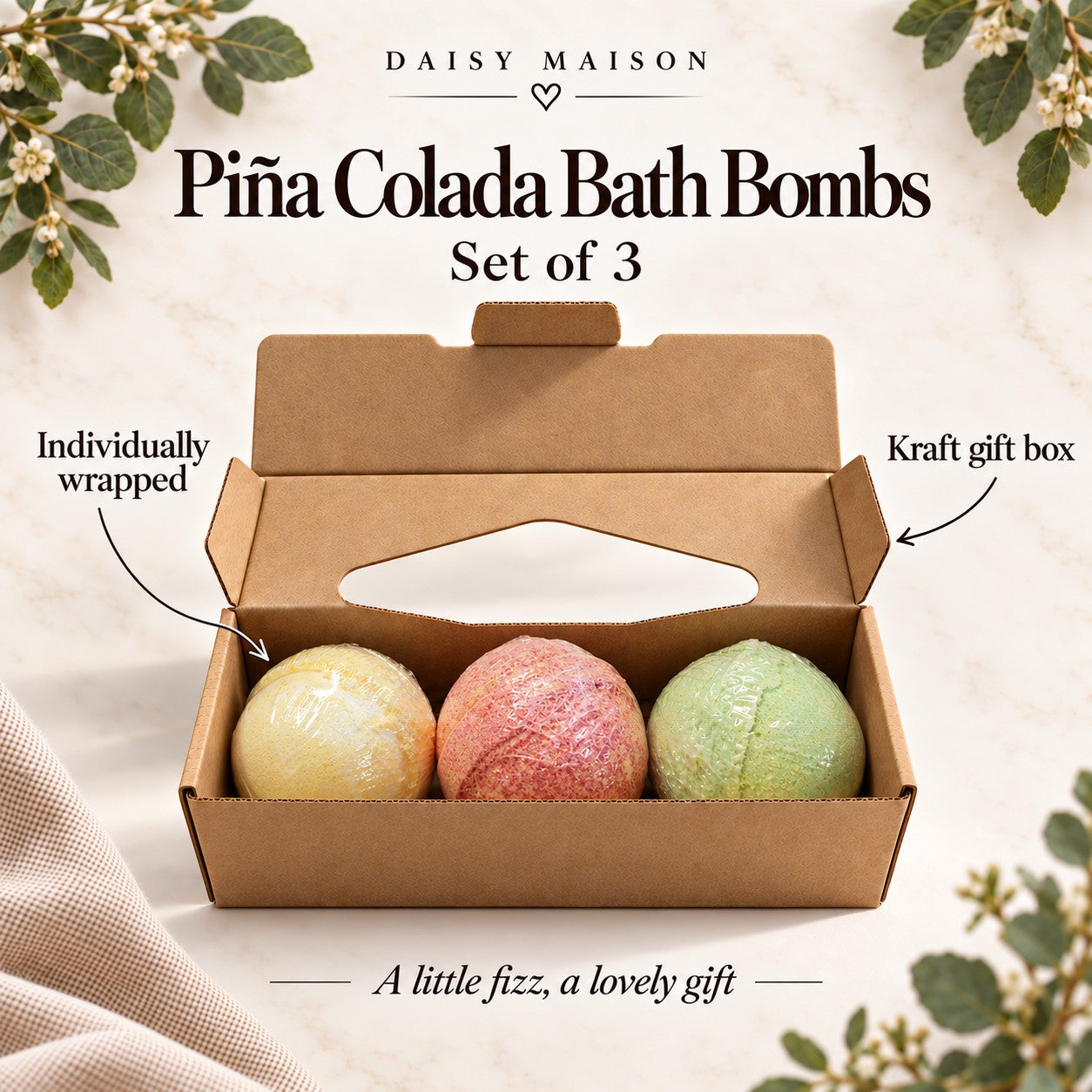 Piña colada bath bombs, set of 3, individually wrapped in an open kraft gift box