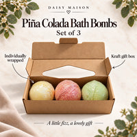 Piña colada bath bombs, set of 3, individually wrapped in an open kraft gift box