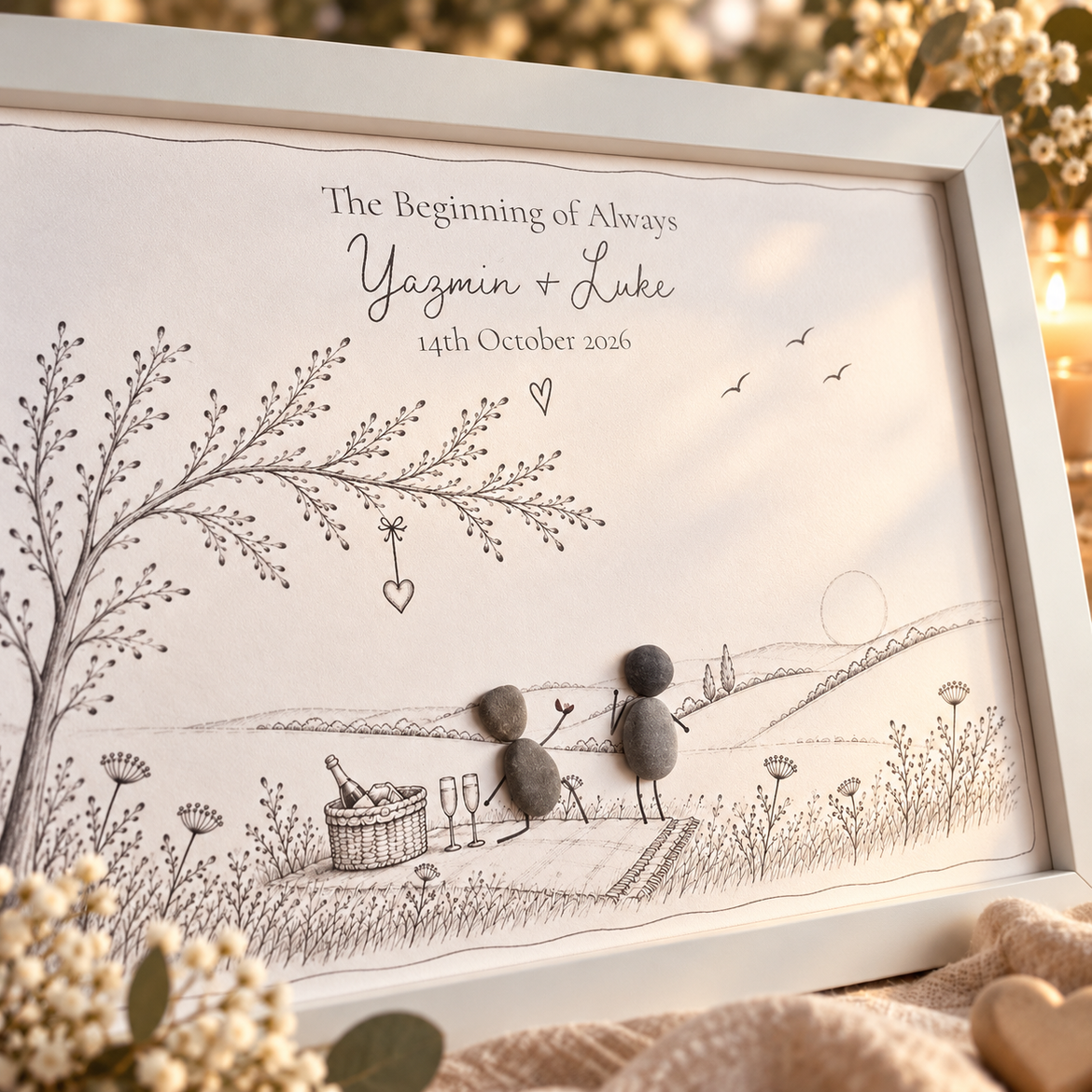 Close-up of the engagement pebble picture: one pebble person on one knee with a ring, beside a picnic basket and two glasses of fizz