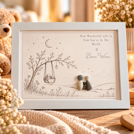 Storybook new baby pebble picture in a white frame: a pebble family under the moon and stars, with ‘How Wonderful Life Is Now You’re In The World’ and the baby’s name