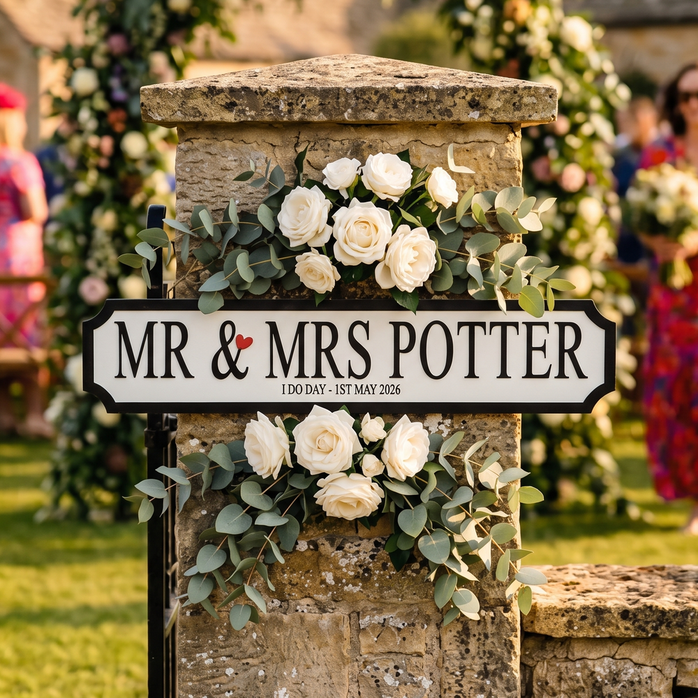 Personalised Mr & Mrs street sign; example wording shown