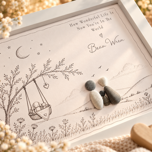 Close-up of the new baby pebble picture: a cradle swinging from a tree beside the pebble family