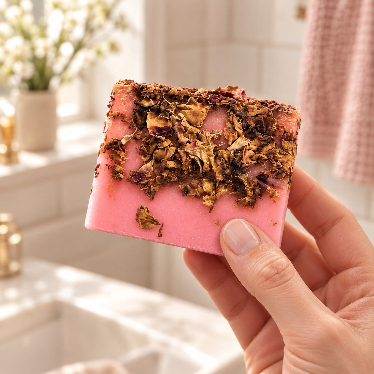 Rose & Rose Petals soap slice held in a hand in a bathroom