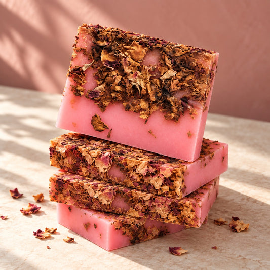 Stack of pink Rose & Rose Petals soap slices topped with dried rose petals
